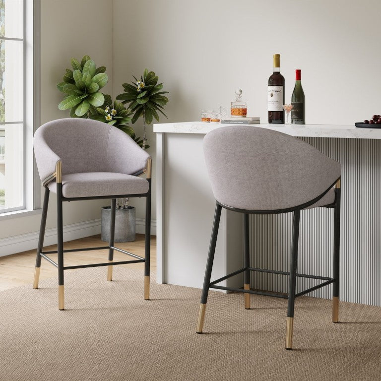 English Elm 26 Inch Counter Stools Set of 2 Gray Fabric Curved Seat Gold Accent Black Frame N780P270132G