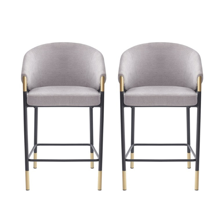 English Elm 26 Inch Counter Stools Set of 2 Gray Fabric Curved Seat Gold Accent Black Frame N780P270132G