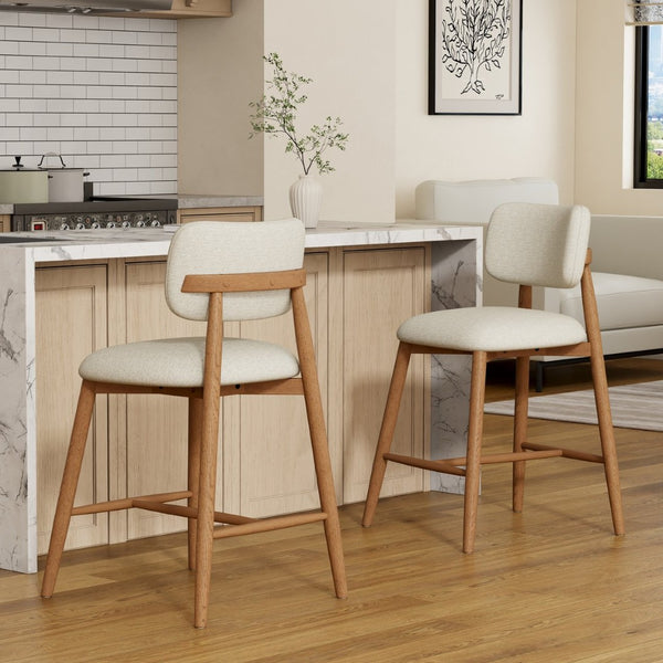 English Elm 25.7 Inch Rubberwood Counter Stools Set of 2 Beige Fabric Curved Back Modern Kitchen N780P369728B