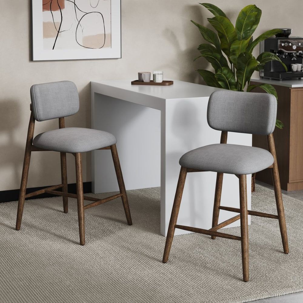 English Elm 25.7 Inch Gray Fabric Rubberwood Counter Stools Padded Back Kitchen Island Set of 2 N780P369728G