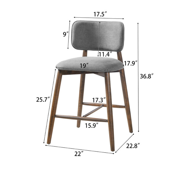 English Elm 25.7 Inch Gray Fabric Rubberwood Counter Stools Padded Back Kitchen Island Set of 2 N780P369728G