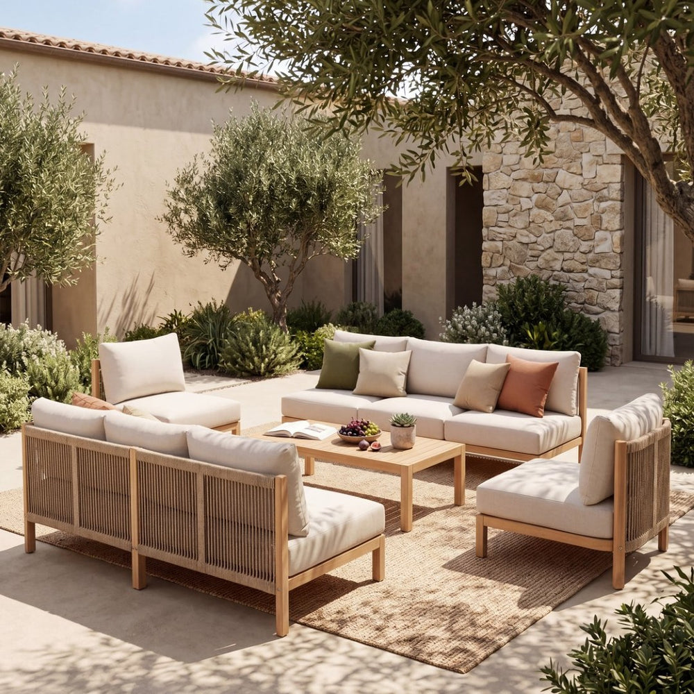 English Elm 5 Piece Outdoor Sofa Set Acacia Wood Rope Woven Deep Seat Patio Furniture N780P3714542526L