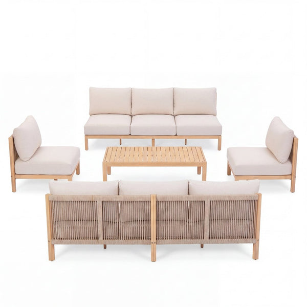 English Elm 5 Piece Outdoor Sofa Set Acacia Wood Rope Woven Deep Seat Patio Furniture N780P3714542526L