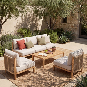 English Elm 4 Piece Acacia Wood Outdoor Sofa Set with Hand Woven Rope Deep Seat Cushions Patio N780P371454526L