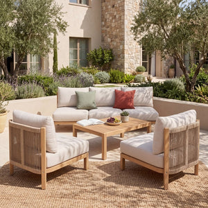 English Elm 4 Piece Acacia Wood Outdoor Sofa Set with Hand Woven Rope Deep Seat Cushions Patio N780P371454526L