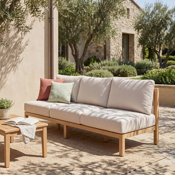 English Elm 73.23" Outdoor Acacia Wood Three-seat Sofa with Woven Rope Backrest and Cushions N780P371454L