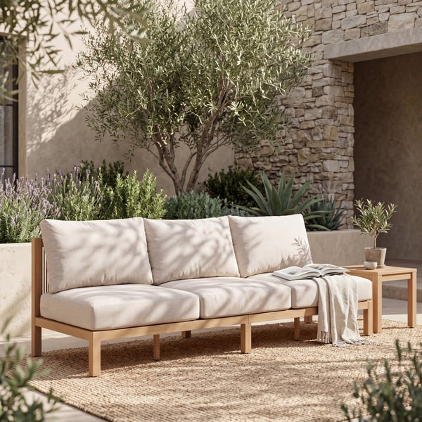 English Elm 73.23" Outdoor Acacia Wood Three-seat Sofa with Woven Rope Backrest and Cushions N780P371454L