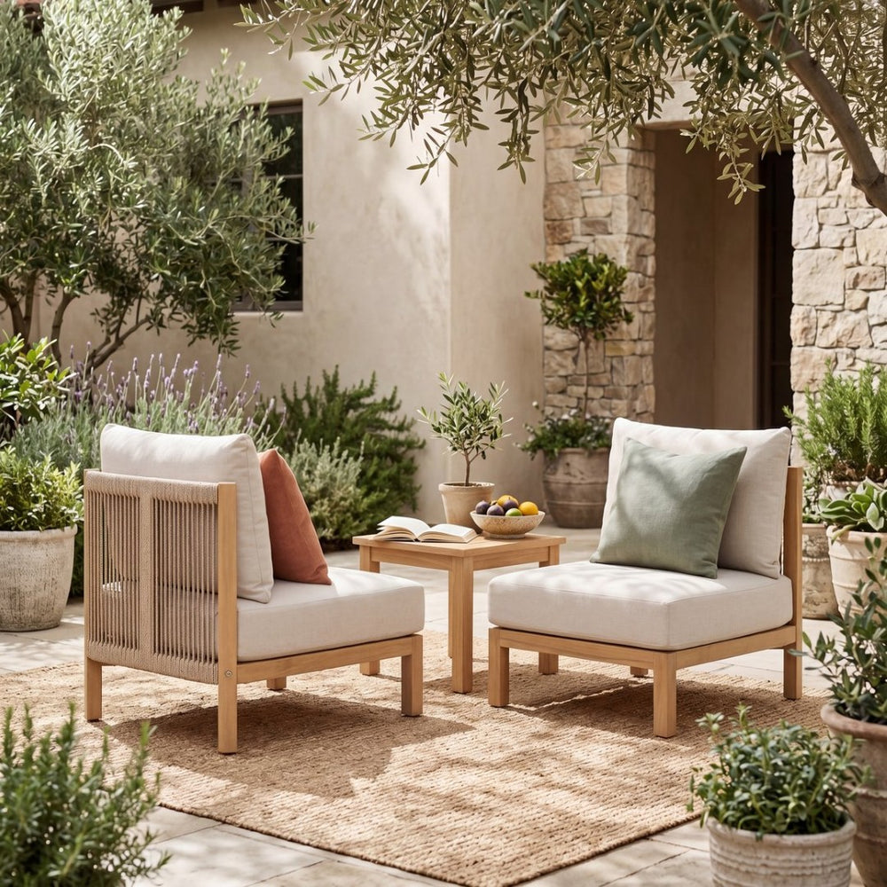 English Elm Acacia Wood Outdoor Club Chairs Set of Two with Hand Woven Rope Backs and Cushions N780P371455L-2