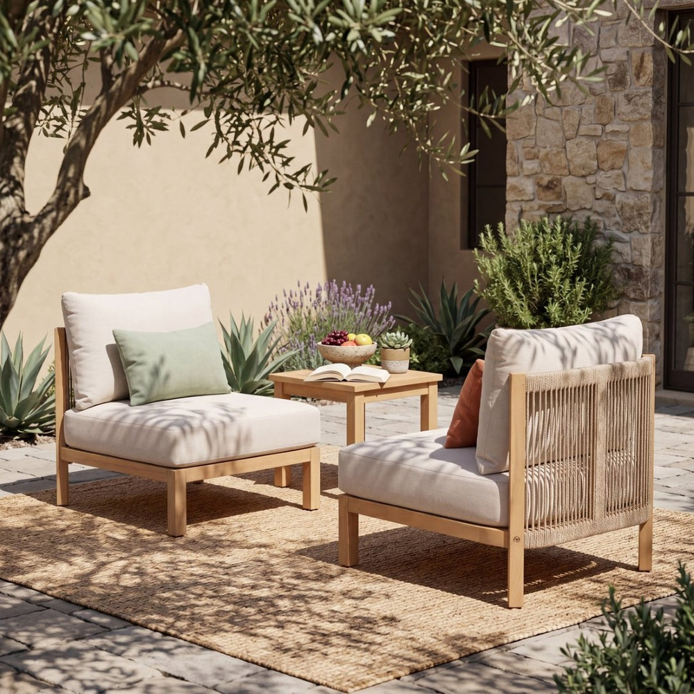 English Elm Acacia Wood Outdoor Club Chairs Set of Two with Hand Woven Rope Backs and Cushions N780P371455L-2