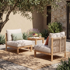 English Elm Acacia Wood Outdoor Club Chairs Set of Two with Hand Woven Rope Backs and Cushions N780P371455L-2