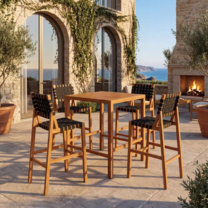 English Elm 30.5 Inch Acacia Wood Outdoor Bar Set Woven Rope Counter Height Patio Dining 5 Piece Teak + Black N780P37328142B