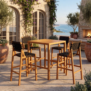 English Elm 30.5 Inch Acacia Wood Outdoor Bar Set Woven Rope Counter Height Patio Dining 5 Piece Teak + Black N780P37328142B
