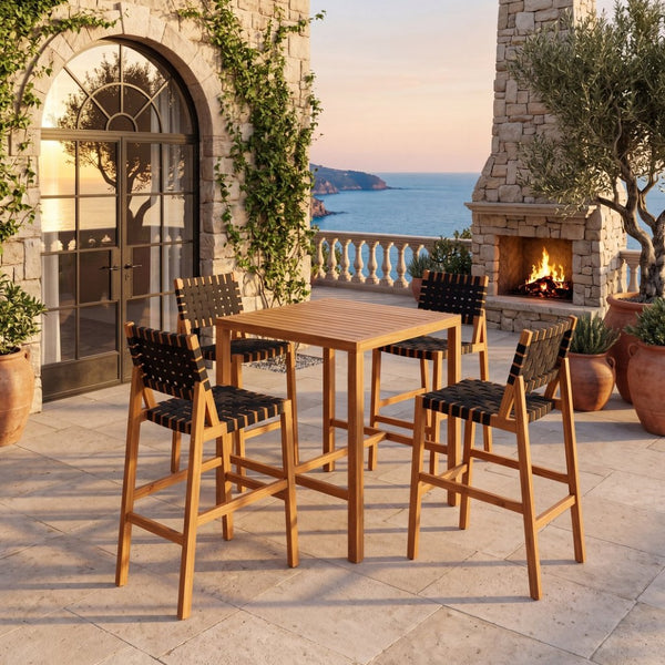 English Elm 30.5 Inch Acacia Wood Outdoor Bar Set Woven Rope Counter Height Patio Dining 5 Piece Teak + Black N780P37328142B