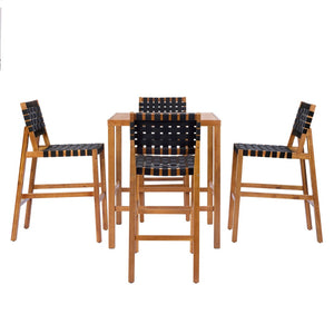 English Elm 30.5 Inch Acacia Wood Outdoor Bar Set Woven Rope Counter Height Patio Dining 5 Piece Teak + Black N780P37328142B