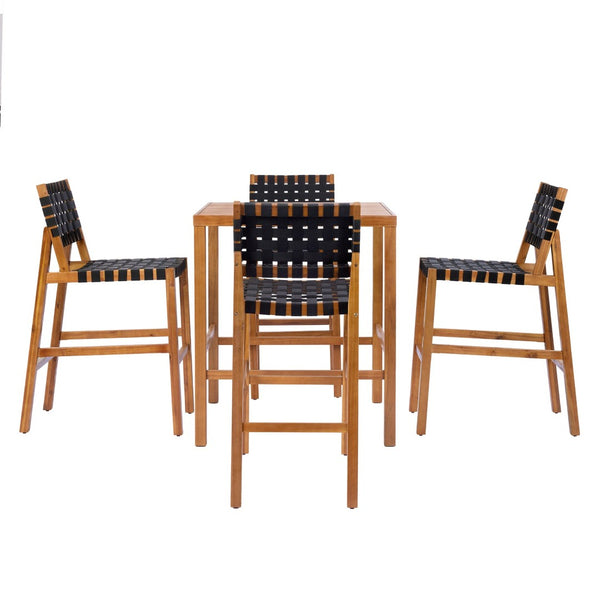 English Elm 30.5 Inch Acacia Wood Outdoor Bar Set Woven Rope Counter Height Patio Dining 5 Piece Teak + Black N780P37328142B