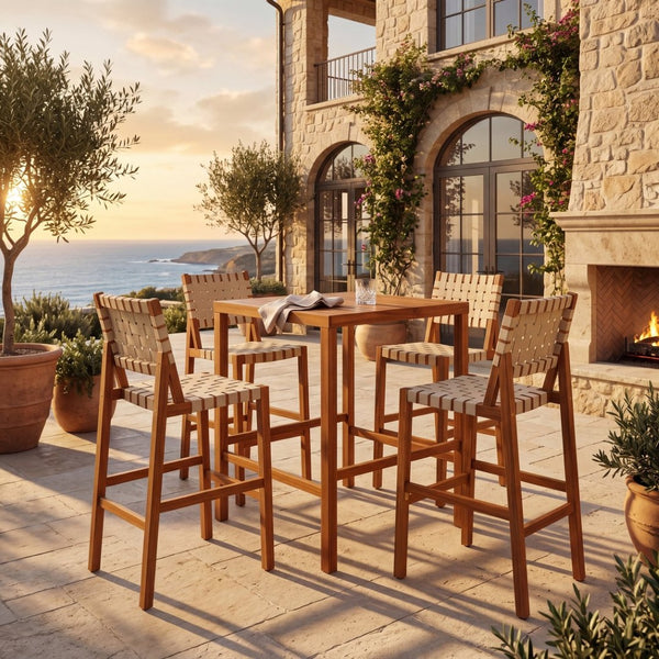 English Elm 30.5 Inch Acacia Wood Outdoor Bar Set Woven Rope Counter Height Patio Dining 5 Piece Teak + Beige N780P37328142T