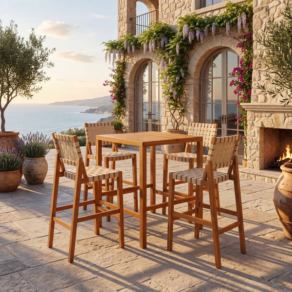 English Elm 30.5 Inch Acacia Wood Outdoor Bar Set Woven Rope Counter Height Patio Dining 5 Piece Teak + Beige N780P37328142T