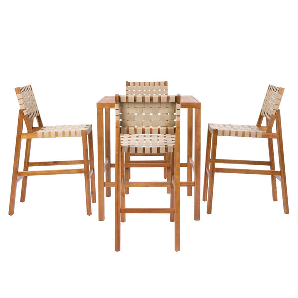 English Elm 30.5 Inch Acacia Wood Outdoor Bar Set Woven Rope Counter Height Patio Dining 5 Piece Teak + Beige N780P37328142T