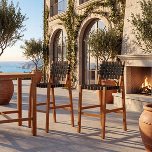English Elm 30.5 Inch Acacia Wood Outdoor Barstool Set Woven Rope Seat Weather Resistant Patio Teak + Black N780P373282B
