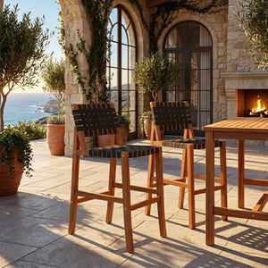 English Elm 30.5 Inch Acacia Wood Outdoor Barstool Set Woven Rope Seat Weather Resistant Patio Teak + Black N780P373282B