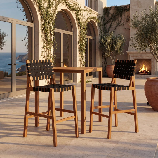 English Elm 30.5 Inch Acacia Wood Outdoor Barstool Set Woven Rope Seat Weather Resistant Patio Teak + Black N780P373282B