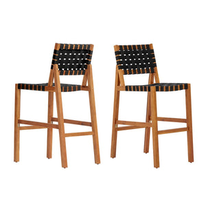 English Elm 30.5 Inch Acacia Wood Outdoor Barstool Set Woven Rope Seat Weather Resistant Patio Teak + Black N780P373282B