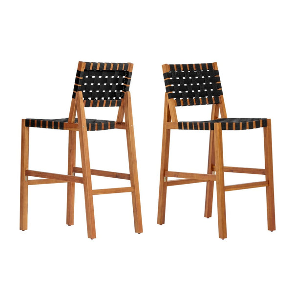 English Elm 30.5 Inch Acacia Wood Outdoor Barstool Set Woven Rope Seat Weather Resistant Patio Teak + Black N780P373282B