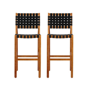 English Elm 30.5 Inch Acacia Wood Outdoor Barstool Set Woven Rope Seat Weather Resistant Patio Teak + Black N780P373282B