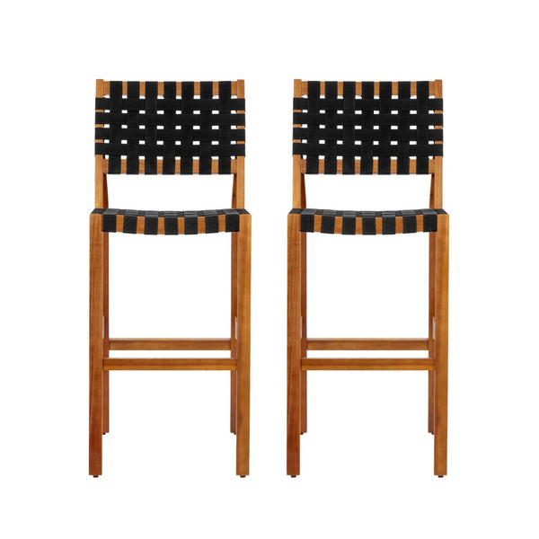 English Elm 30.5 Inch Acacia Wood Outdoor Barstool Set Woven Rope Seat Weather Resistant Patio Teak + Black N780P373282B