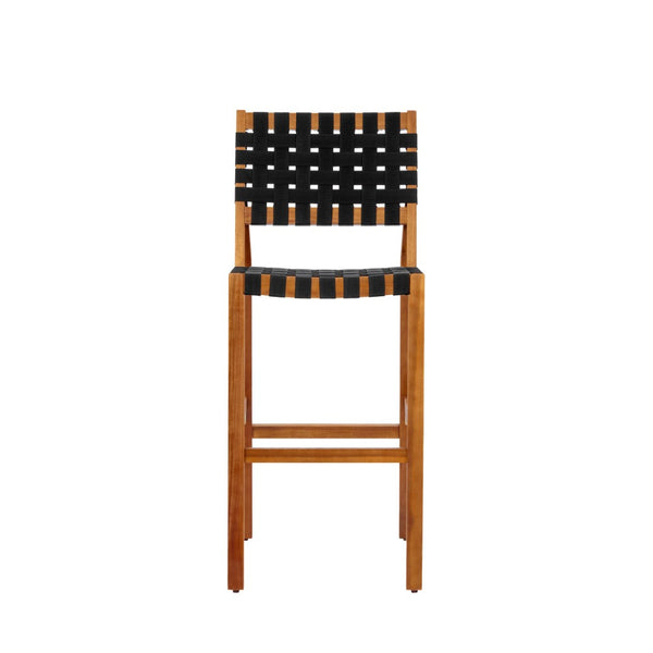 English Elm 30.5 Inch Acacia Wood Outdoor Barstool Set Woven Rope Seat Weather Resistant Patio Teak + Black N780P373282B