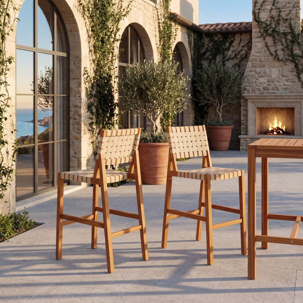 English Elm 30.5 Inch Acacia Wood Outdoor Barstool Set Woven Rope Seat Weather Resistant Patio Teak + Beige N780P373282T