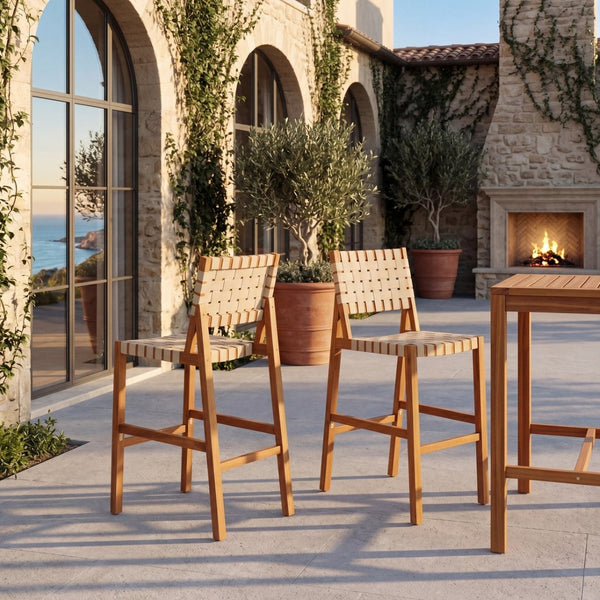 English Elm 30.5 Inch Acacia Wood Outdoor Barstool Set Woven Rope Seat Weather Resistant Patio Teak + Beige N780P373282T