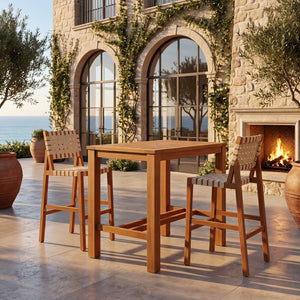 English Elm 30.5 Inch Acacia Wood Outdoor Barstool Set Woven Rope Seat Weather Resistant Patio Teak + Beige N780P373282T
