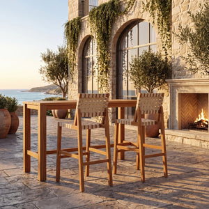 English Elm 30.5 Inch Acacia Wood Outdoor Barstool Set Woven Rope Seat Weather Resistant Patio Teak + Beige N780P373282T