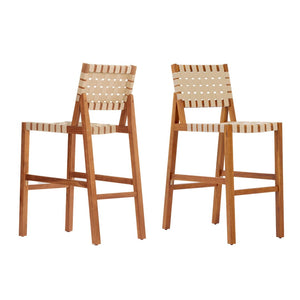 English Elm 30.5 Inch Acacia Wood Outdoor Barstool Set Woven Rope Seat Weather Resistant Patio Teak + Beige N780P373282T