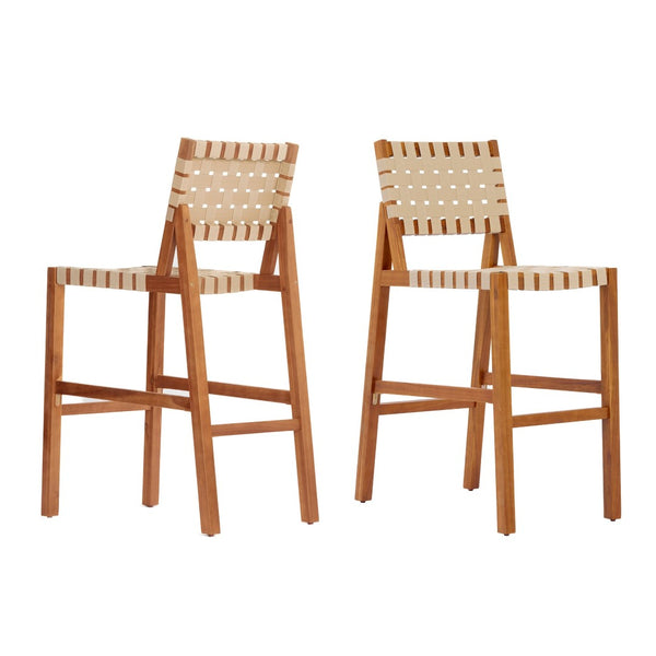 English Elm 30.5 Inch Acacia Wood Outdoor Barstool Set Woven Rope Seat Weather Resistant Patio Teak + Beige N780P373282T