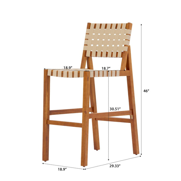English Elm 30.5 Inch Acacia Wood Outdoor Barstool Set Woven Rope Seat Weather Resistant Patio Teak + Beige N780P373282T