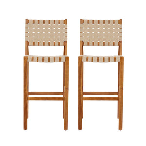 English Elm 30.5 Inch Acacia Wood Outdoor Barstool Set Woven Rope Seat Weather Resistant Patio Teak + Beige N780P373282T
