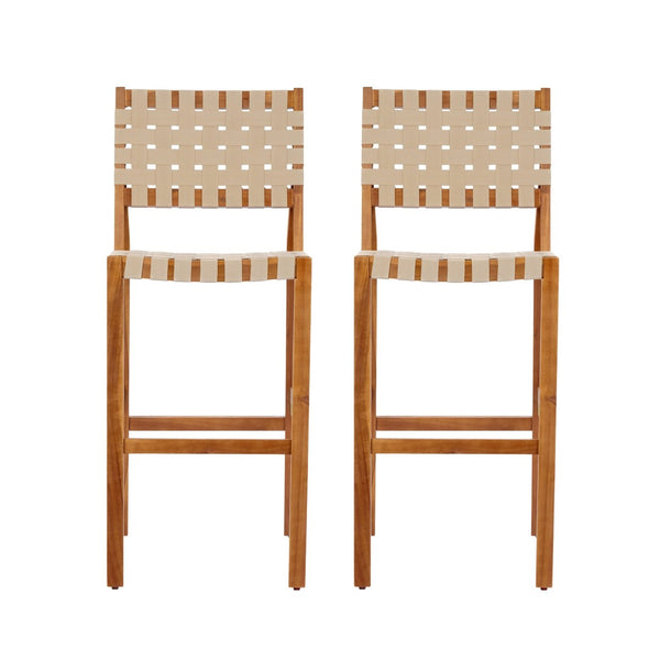 English Elm 30.5 Inch Acacia Wood Outdoor Barstool Set Woven Rope Seat Weather Resistant Patio Teak + Beige N780P373282T