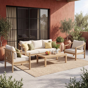 English Elm 4 Piece Solid Acacia Outdoor Patio Set with Teak Finish Cushioned Sofa and Chairs N780P386223245L