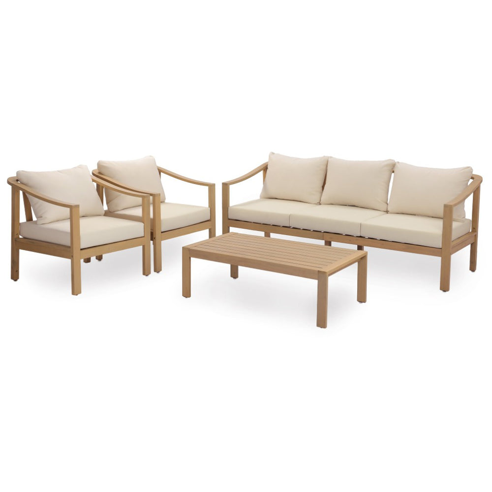 English Elm 4 Piece Solid Acacia Outdoor Patio Set with Teak Finish Cushioned Sofa and Chairs N780P386223245L