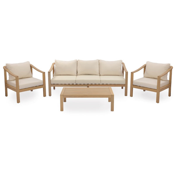 English Elm 4 Piece Solid Acacia Outdoor Patio Set with Teak Finish Cushioned Sofa and Chairs N780P386223245L