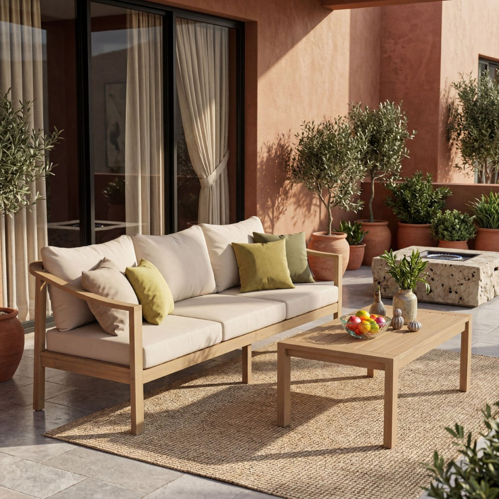 English Elm 77.95" Acacia Wood Three Seat Outdoor Sofa with Slatted Back and Deep Cushioned N780P386224L