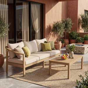 English Elm 77.95" Acacia Wood Three Seat Outdoor Sofa with Slatted Back and Deep Cushioned N780P386224L
