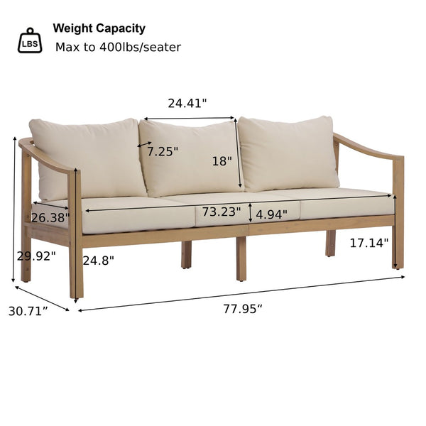 English Elm 77.95" Acacia Wood Three Seat Outdoor Sofa with Slatted Back and Deep Cushioned N780P386224L