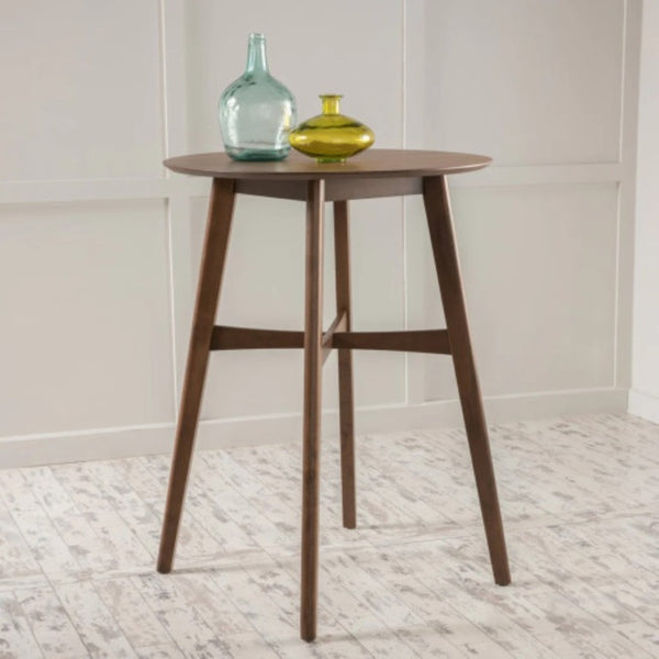 English Elm Mid-Century Round Bar Table with Tapered Rubberwood Legs for Kitchen or Home Bar Use Natural Walnut N780P395629W
