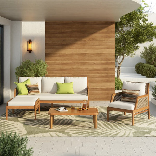 English Elm 4 Piece Acacia Wicker Outdoor Sectional with Deep Cushions for Patio Lounging N780P40451123T