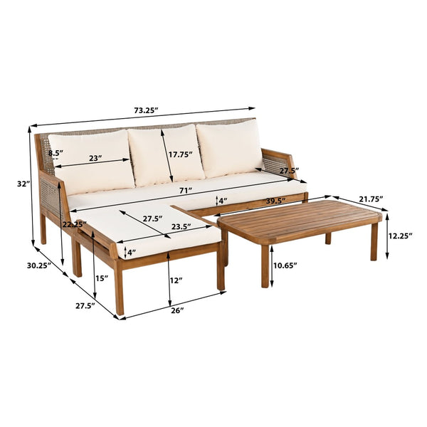 English Elm 3 Piece Acacia Hardwood Outdoor Sectional Set with Wicker Weave and Deep Cushioned Seating N780P4045113T