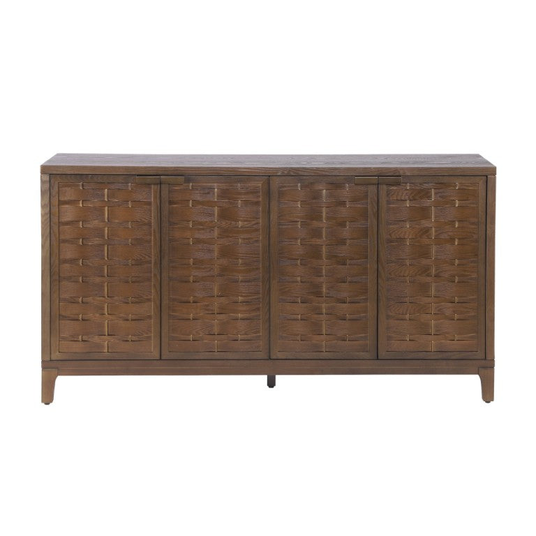 English Elm 59 Inch Woven Texture Four Door Sideboard with Solid Legs Artisan Storage Cabinet N780P421558D