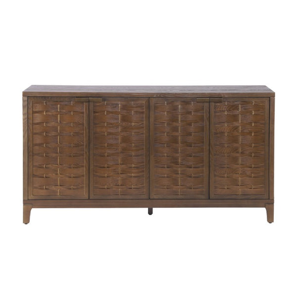English Elm 59 Inch Woven Texture Four Door Sideboard with Solid Legs Artisan Storage Cabinet N780P421558D